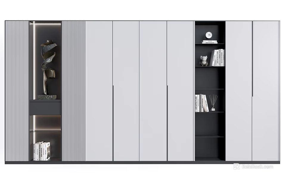 Modern Bookcase Interior Design With White Panels Black Open Shelves And Decorative Items 3d model