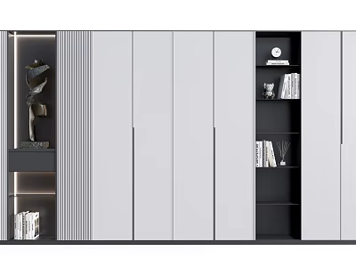 Modern Bookcase Interior Design With White Panels Black Open Shelves And Decorative Items 3d model