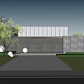 Modern Garden Landscape With Blue Paved Ground Green Tree Gray Stone Wall And Modern Building