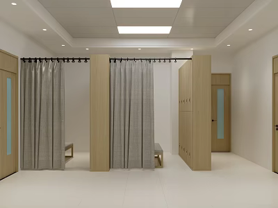 Partitioned Changing Room Interior Design With Wooden Partitions Gray Curtains And Lockers 3d model