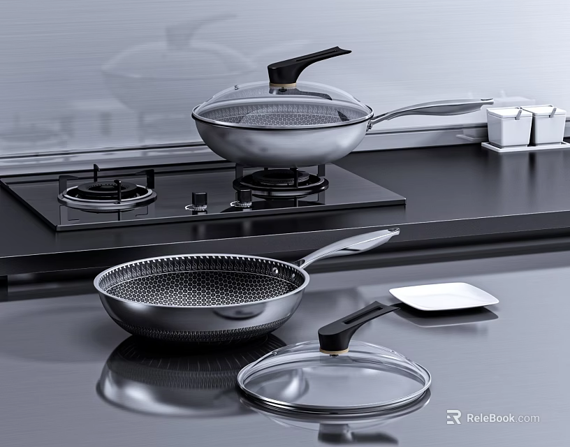 Stainless Steel Kitchen Cookware Set With Frying Pans Spatula And Glass Lid On Stove Top 3d model 