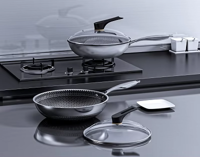 Stainless Steel Kitchen Cookware Set With Frying Pans Spatula And Glass Lid On Stove Top 3d model