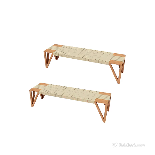 Light Wooden Public Bench With Woven Seat And Triangular Leg Design 3d model 