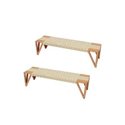 Light Wooden Public Bench With Woven Seat And Triangular Leg Design 3d model