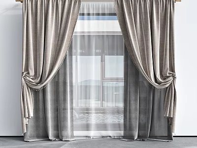 Gray Velvet Curtains With Sheer White Liner And Tassel Tiebacks For Modern Window Decor 3d model