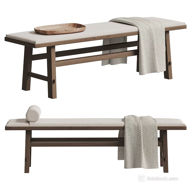 Wooden Bed Bench with Beige Cushioned Seat and Gray Throw Blanket 3d model 