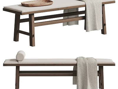 Wooden Bed Bench with Beige Cushioned Seat and Gray Throw Blanket 3d model