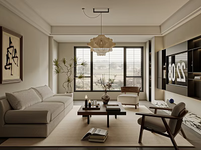 Modern Living Room Interior With Grey Sofa Coffee Table Chandelier And Window Blinds 3d model