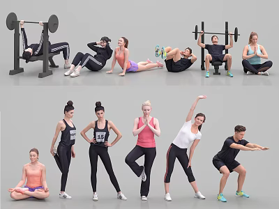 Group of People Performing Various Fitness Exercises Yoga Poses and Workout Moves 3d model
