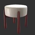 Modern Round White Fabric Upholstered Stool With Four Dark Red Wooden Legs