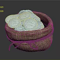 Blue Decorative Coins Filled in Brown Burlap Sack on Dark Background