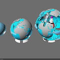 Three Blue Silver Globe Models With World Map And Internal Mechanical Structures 3d model