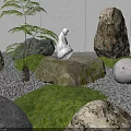 Tranquil Garden Ornaments Scene With Swan Ornament Round Lights Ferns Rocks Lantern And Gravel Ground