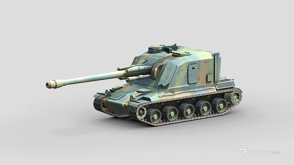 Military Tank with Camouflage Paint Long Cannon Barrel Heavy Tracks and Detailed Exterior 3d model 