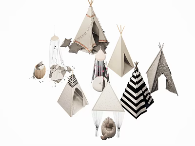 Cute Kids Teepee Tents with Striped Design and Decorative Accessories for Play 3d model