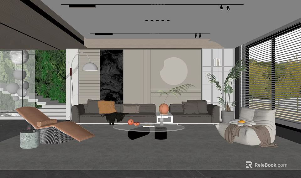 Modern Minimalist Living Room With Cozy Sofas Glass Coffee Table And Indoor Decorative Green Plants 3d model 