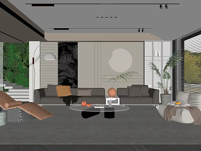 Modern Minimalist Living Room With Cozy Sofas Glass Coffee Table And Indoor Decorative Green Plants 3d model