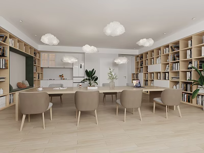 Modern Minimalist Study Room Interior Design With Bookshelves Table Chairs Plants And Cloud Pendant Lights 3d model
