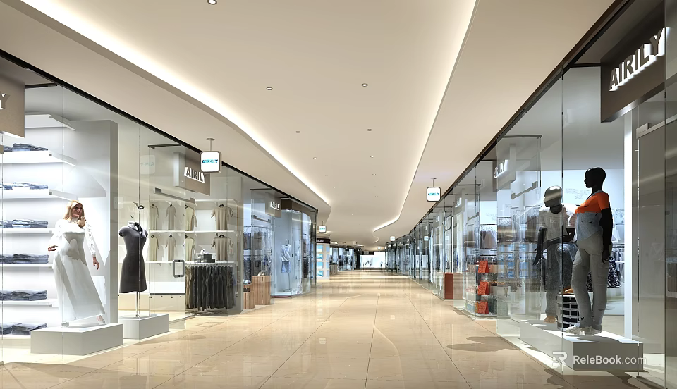 Modern Shopping Mall Hall With Glass Storefronts Mannequins And Bright Lighting 3d model 