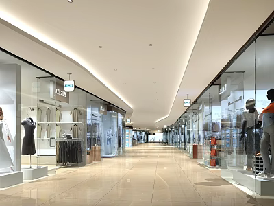 Modern Shopping Mall Hall With Glass Storefronts Mannequins And Bright Lighting 3d model