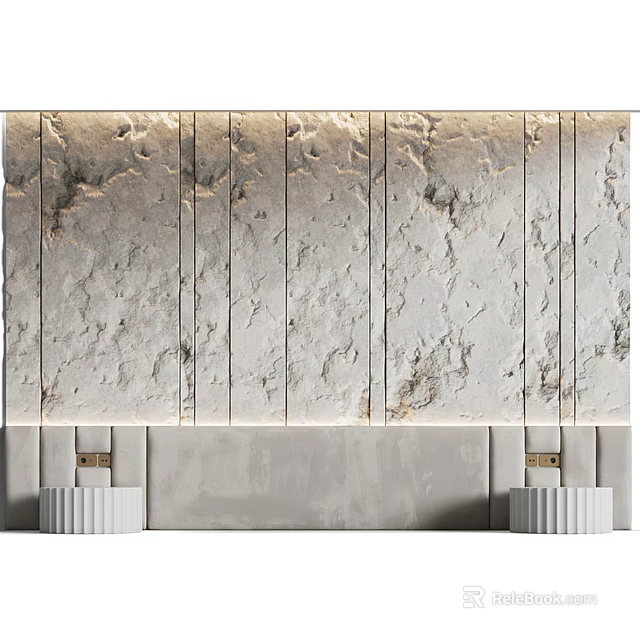 Modern Bed Accent Wall With Textured Stone And Fluted Sconces 3d model