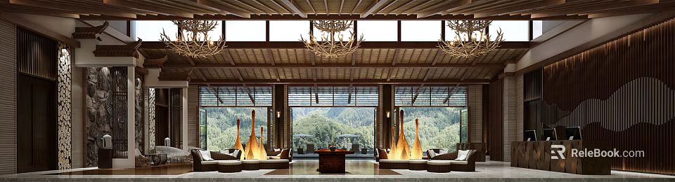 Elegant Hotel Lobby Interior With Wooden Ceiling Chandeliers Large Windows And Mountain Views 3d model 