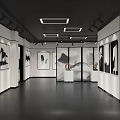 Art Gallery Exhibition Hall With Paintings On White Walls Square Lights And Dark Floor