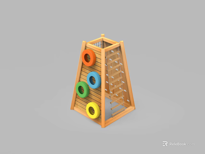 Wooden Kids Playground Equipment With Colorful Climbing Rings And Ladder Structure 3d model 