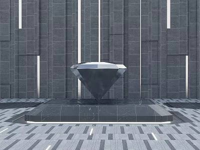 Diamond Shaped Sculpture on Gray Stone Platform with Gray Tiled Floor and Lighting 3d model