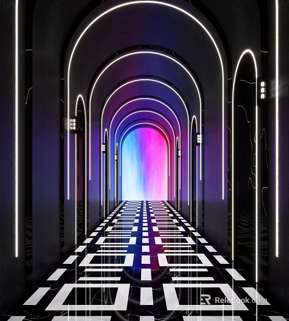 KTV Neon Lit Arched Corridor With Black And White Checkered Floor And Colorful Gradient Light 3d model 
