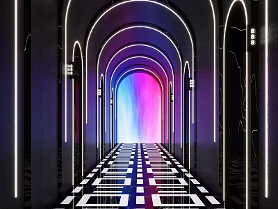 KTV Neon Lit Arched Corridor With Black And White Checkered Floor And Colorful Gradient Light 3d model