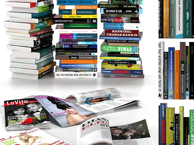 Books And Magazines Stacked Piles With Open Issues And Colorful Covers 3d model