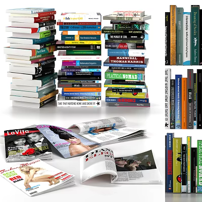 Books And Magazines Stacked Piles With Open Issues And Colorful Covers 3d model