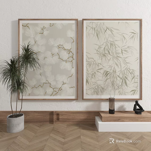 Elegant Wall Decorative Paintings With Pine Bamboo And Indoor Plants On Wooden Floor 3d model 