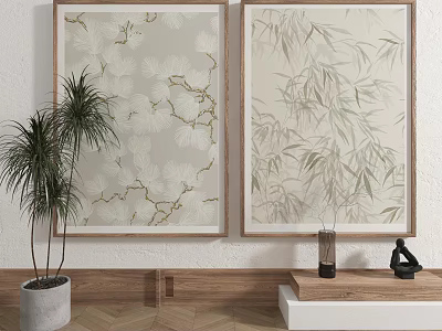 Elegant Wall Decorative Paintings With Pine Bamboo And Indoor Plants On Wooden Floor 3d model