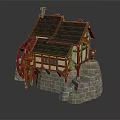 Cartoon Scene Of Charming Watermill Cottage With Dark Roof Orange Frame And Stone Base
