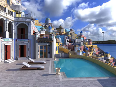 Colorful European Architecture With Domes Swimming Pool Sun Loungers And Sea View Under Blue Sky 3d model