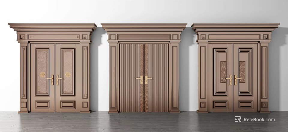 Elegant Classic Wooden Doors With Intricate Carvings Ornate Frames And Brass Handles 3d model 
