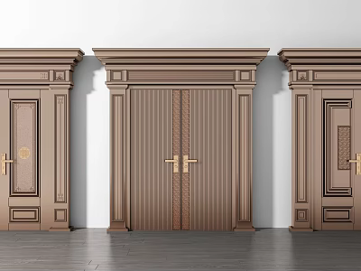 Elegant Classic Wooden Doors With Intricate Carvings Ornate Frames And Brass Handles 3d model