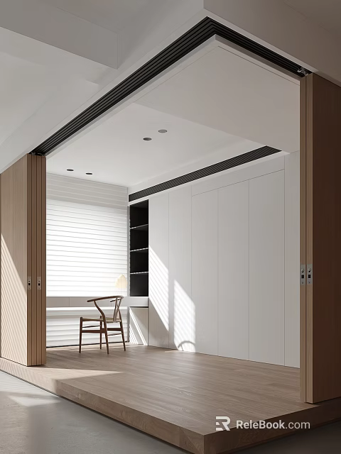 Modern Study Room Interior With White Blinds Wooden Chair Desk Black Shelves And Cabinets 3d model 
