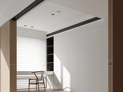Modern Study Room Interior With White Blinds Wooden Chair Desk Black Shelves And Cabinets 3d model