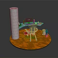 Circular Platform With Orange Floor White Cylindrical Pillar Desk Chair Green Plant And White Container