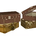 Vintage Leather Suitcases Stacked Open And Closed With Brass Hardware