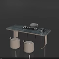 Modern Tea Table And Chairs With Marble Top Metal Legs And Beige Stools