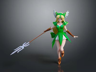 Game and Movie Character in Dynamic Pose Green Outfit With Wings Blonde Hair and Spear 3d model