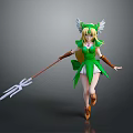 Game and Movie Character in Dynamic Pose Green Outfit With Wings Blonde Hair and Spear