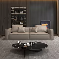 Gray Double Sofa in Modern Living Room With Pillows Coffee Table And City View