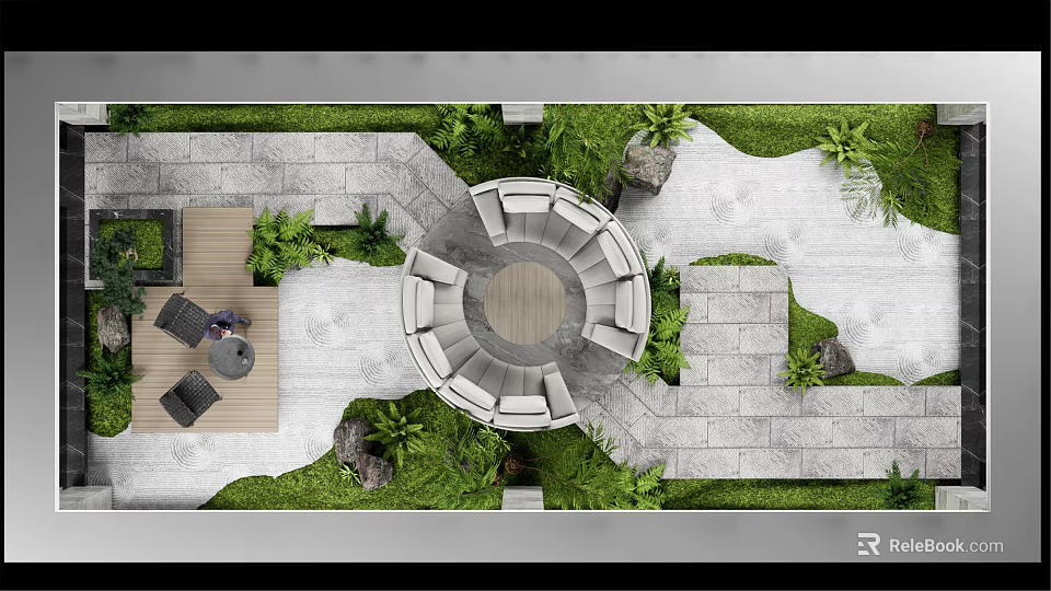 Karesansui Dry Landscape Garden With Circular Seating Stone Paths Moss And Green Plants 3d model 