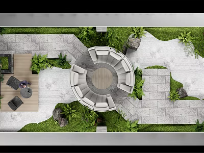 Karesansui Dry Landscape Garden With Circular Seating Stone Paths Moss And Green Plants 3d model