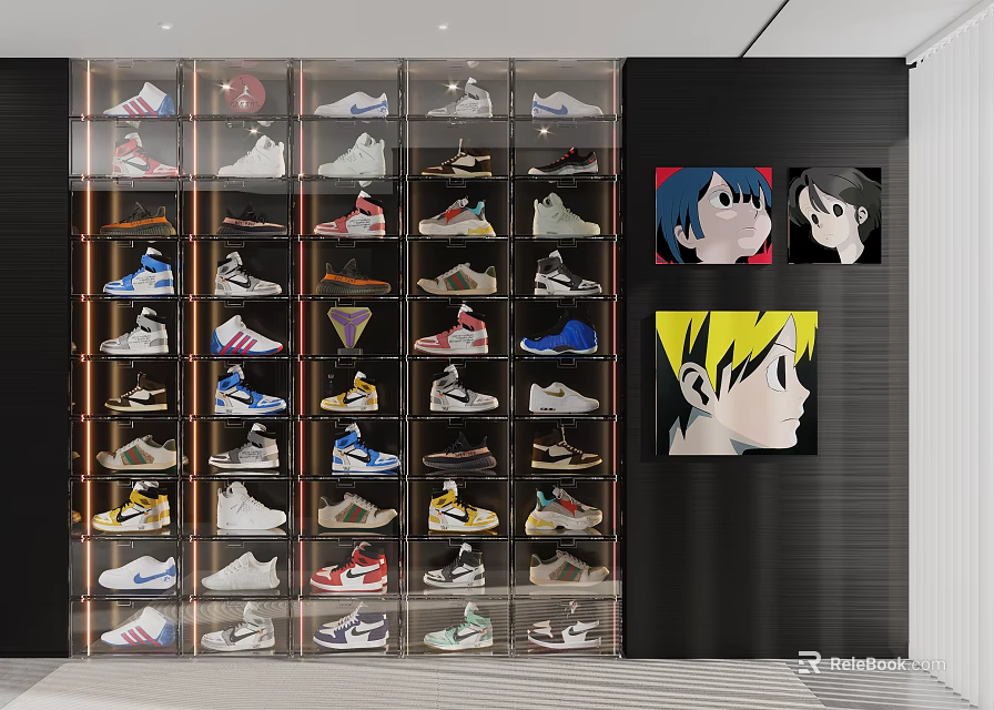 Sneaker Display Shelves With Multiple Layers Of Organized Footwear And Cartoon Wall Art 3d model 